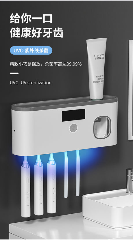 Porte-brosse à dents UV intelligent mural avec distributeur de dentifrice – Désinfection 99,99%