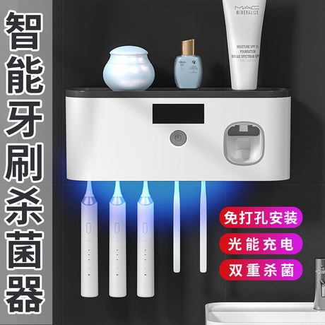 Porte-brosse à dents UV intelligent mural avec distributeur de dentifrice – Désinfection 99,99%