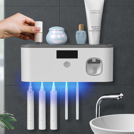 Porte-brosse à dents UV intelligent mural avec distributeur de dentifrice – Désinfection 99,99%