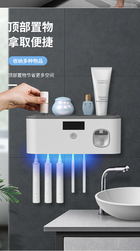Porte-brosse à dents UV intelligent mural avec distributeur de dentifrice – Désinfection 99,99%